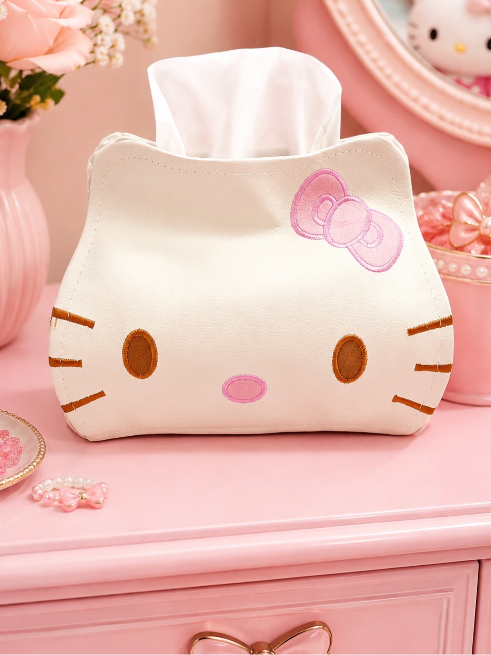 Hello Kitty PU Leather Tissue Box Cover Holder Pink Bow NWT